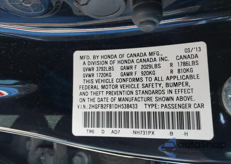 2013 Honda Civic Ex from USA, damaged, VIN 2HGFB2F81DH538433